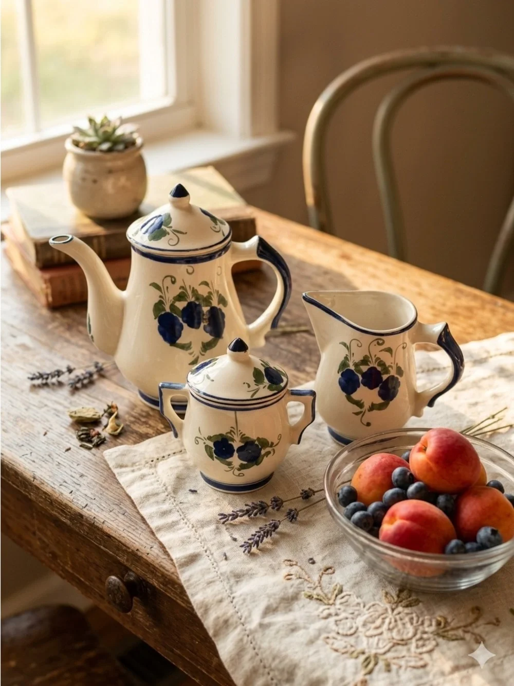 Blue Floral Ceramic Tea Set - Teapot, Sugar Bowl & Creamer